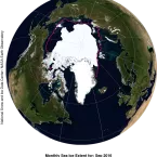 Arctic sea ice extent for September 2016 was 4.72 million square kilometers (1.82 million square miles). The magenta line shows the 1981 to 2010 median extent for that month. The black cross indicates the geographic North Pole. Sea Ice Index data. 