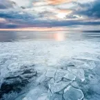 sea ice with sun rising on horizon