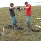Alessio Gusmeroli and Tim Schaefer drill a permafrost core on the North Slope of Alaska near Deadhorse. Credit: Kevin Schaefer, NSIDC