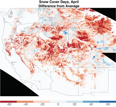 Snow-cover-days anomaly map, April 2021