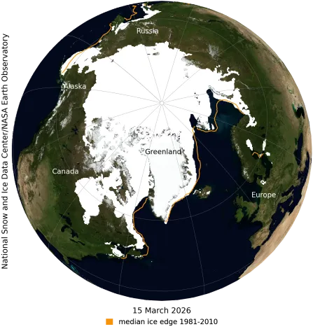NASA blue marble of Arctic sea ice extent on March 15, 2026