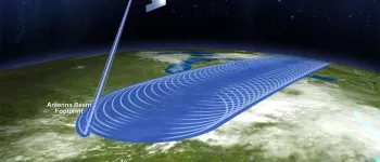 Artist rendition showing the SMAP instrument in orbit and its viewing footprint on Earth